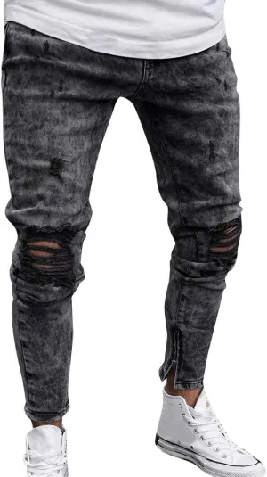MIDOO Mens Pants Jeans Slim Fit Ripped Distressed Jeans Wide Leg Casual Long Denim Pants Trousers with Pocket