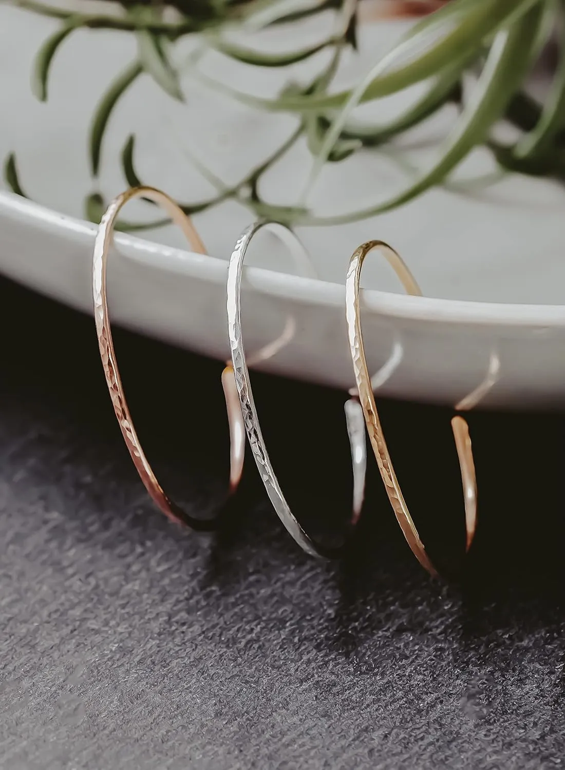 Mixed Metal Hammered Thin Cuff Stacking Bracelet Set Sterling Silver Rose Gold Filled Yellow Gold Filled