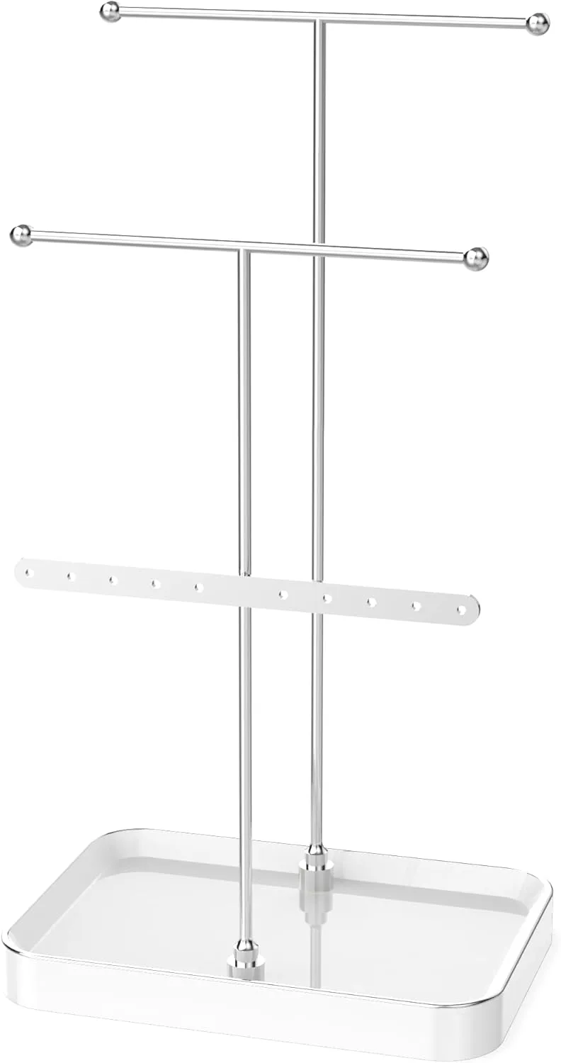 Mothers Day Gifts for Mom Jewelry Holder Stand Organizer, with Ceramic Tray, 1ft Necklace Holder Organizer, Jewelry Organizers and Storage for Displaying Necklaces Silver and White