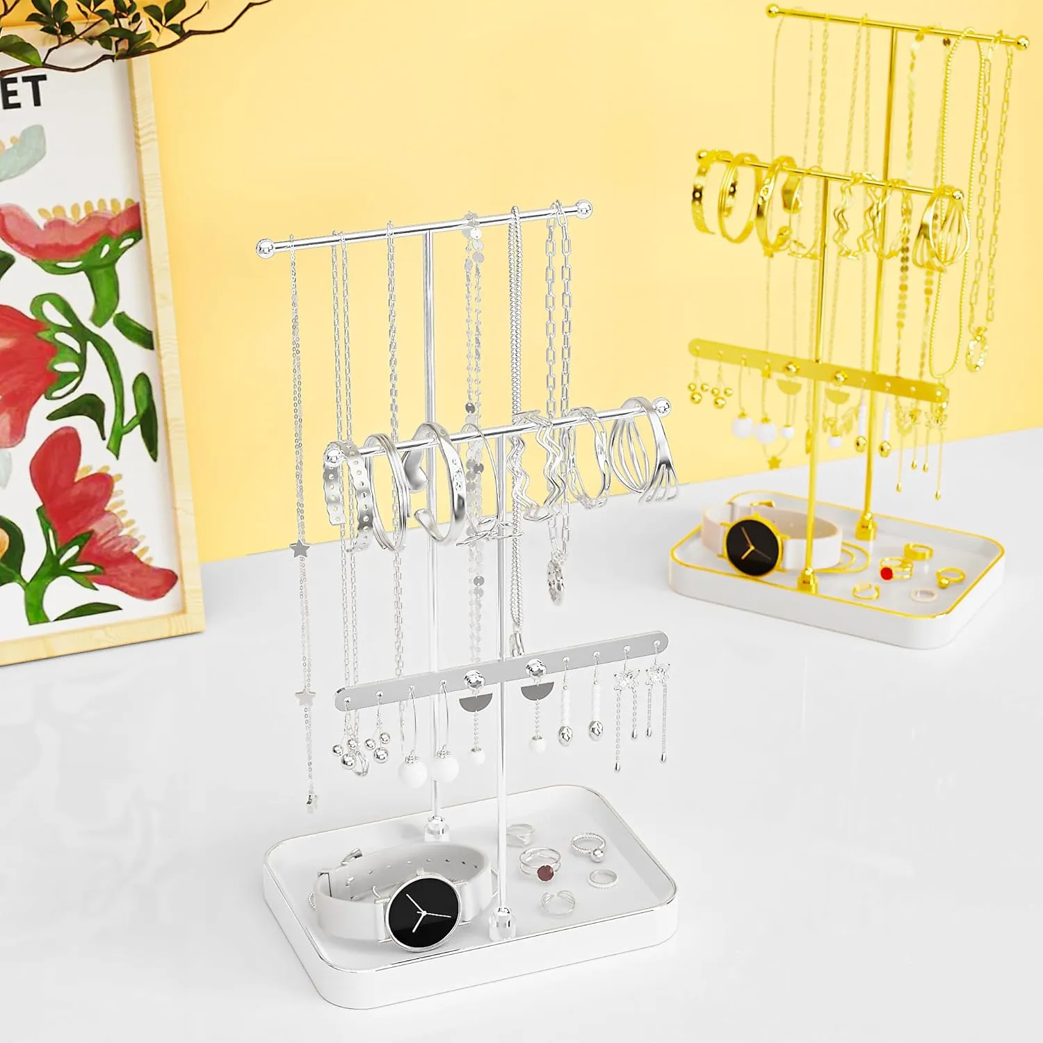 Mothers Day Gifts for Mom Jewelry Holder Stand Organizer, with Ceramic Tray, 1ft Necklace Holder Organizer, Jewelry Organizers and Storage for Displaying Necklaces Silver and White