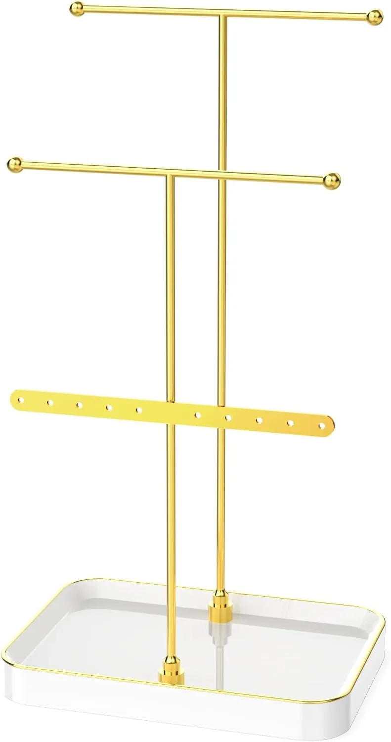 Mothers Day Gifts Jewelry Holder Stand Organizer, with Ceramic Tray, 1ft Necklace Holder Organizer, Jewelry Organizers and Storage for Displaying Necklaces, Bracelets, Rings, Collares, Gold and White