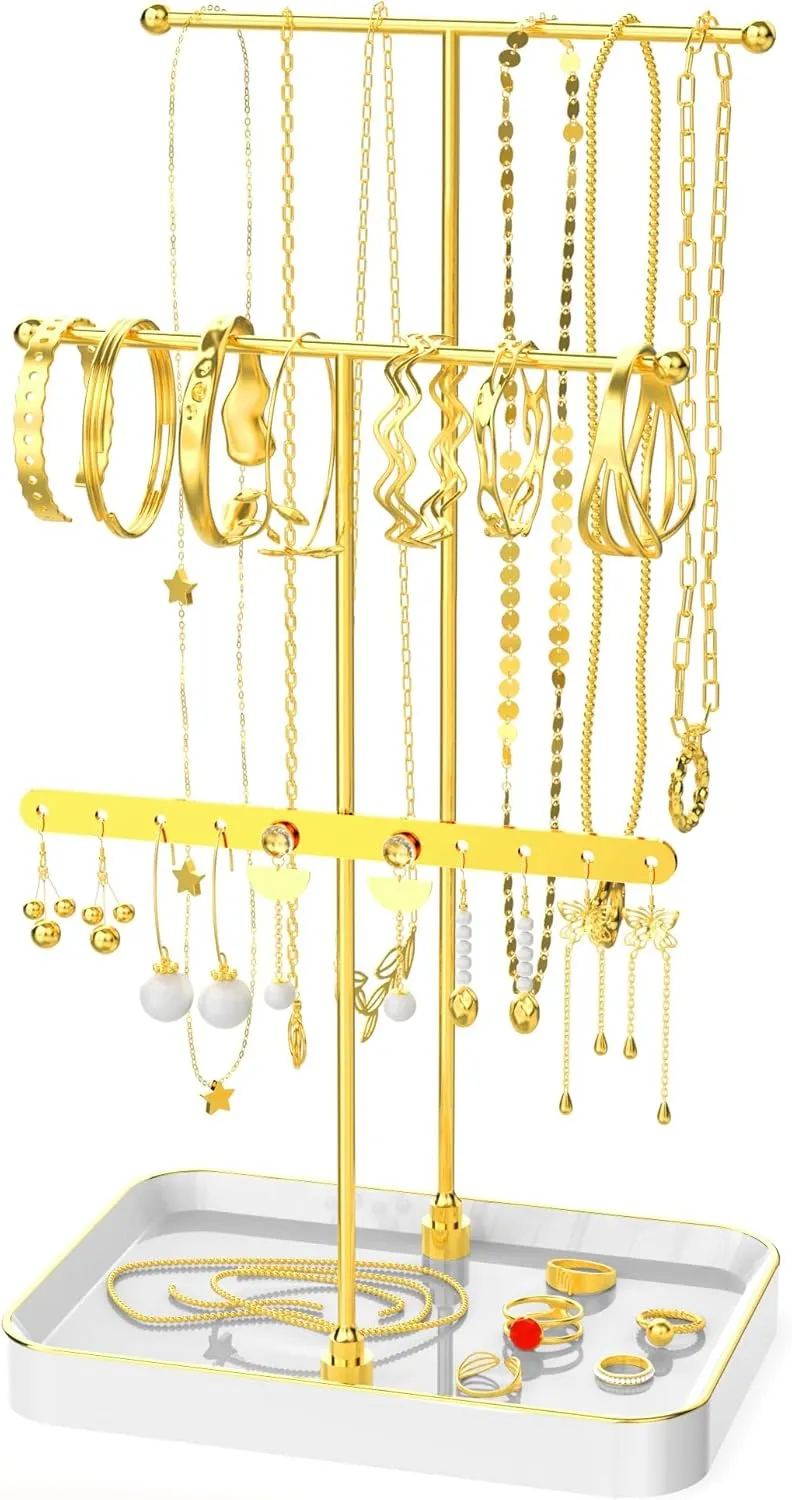 Mothers Day Gifts Jewelry Holder Stand Organizer, with Ceramic Tray, 1ft Necklace Holder Organizer, Jewelry Organizers and Storage for Displaying Necklaces, Bracelets, Rings, Collares, Gold and White