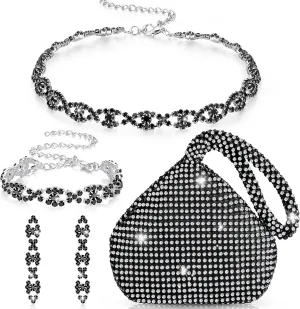MTLEE 4 Pieces Rhinestone Necklace Choker Bracelet Earring Clutch Purses Jewelry Set Women Crystal Triangle Bling Diamond Purse Rhinestone Bag for Wedding Party