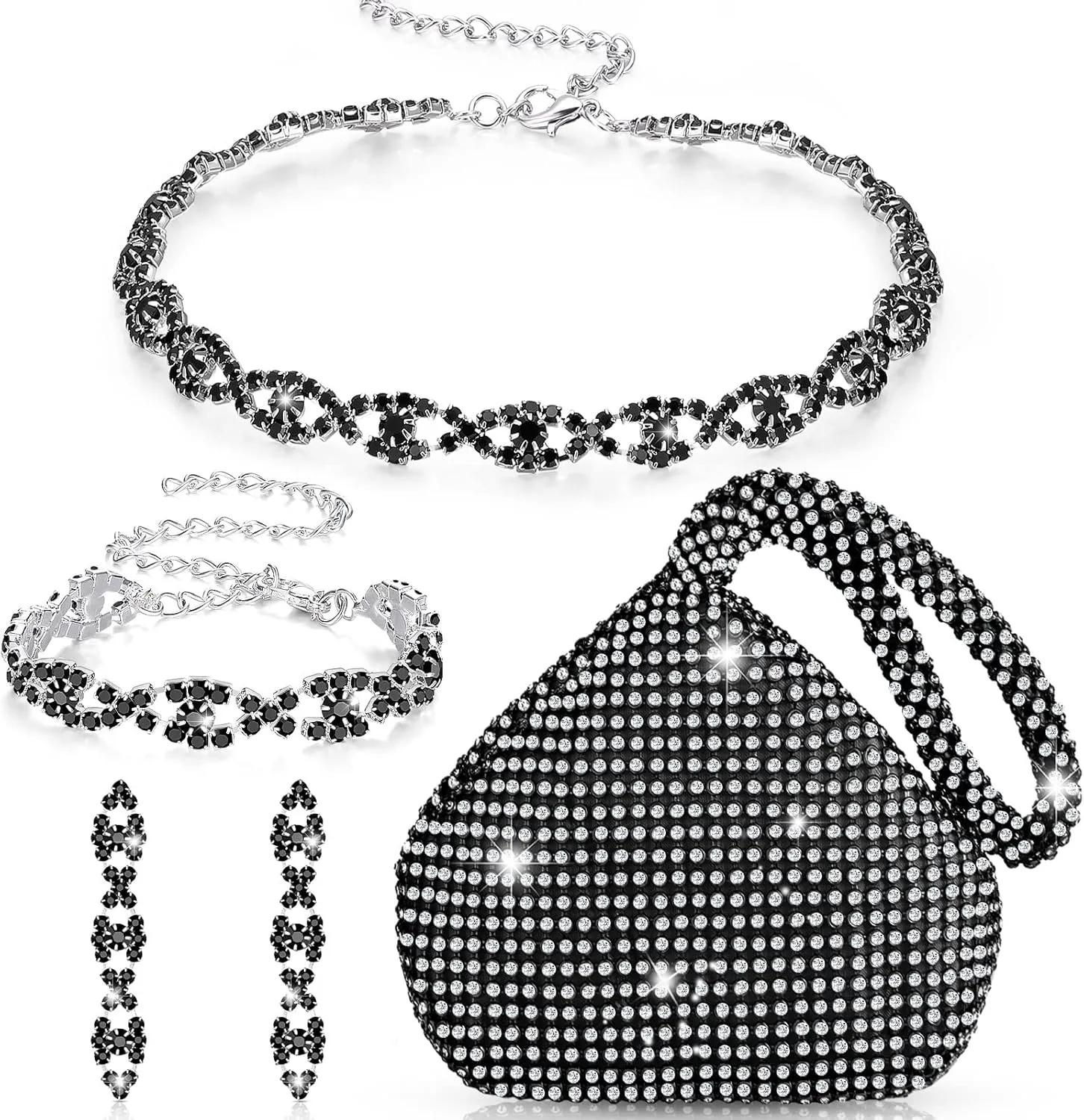 MTLEE 4 Pieces Rhinestone Necklace Choker Bracelet Earring Clutch Purses Jewelry Set Women Crystal Triangle Bling Diamond Purse Rhinestone Bag for Wedding Party