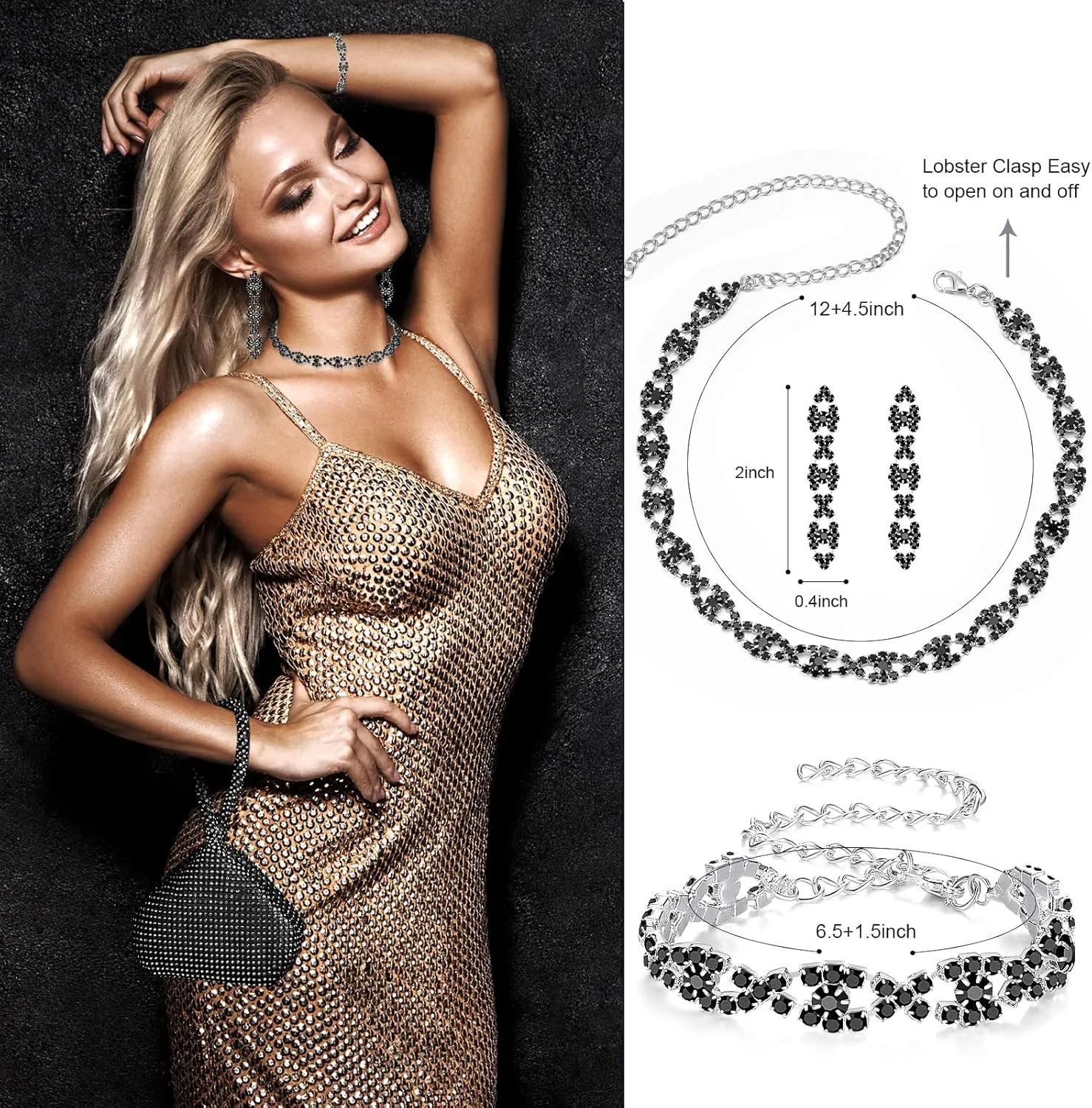 MTLEE 4 Pieces Rhinestone Necklace Choker Bracelet Earring Clutch Purses Jewelry Set Women Crystal Triangle Bling Diamond Purse Rhinestone Bag for Wedding Party