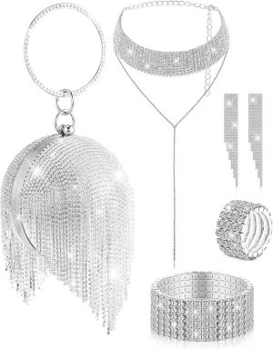 MTLEE 5 Piece Women Round Ball Rhinestone Evening Tassel Purse Set Including Silver Clutch Bag Necklace Dangle Fringe Earrings Bracelet and Ring for Women Wedding Party