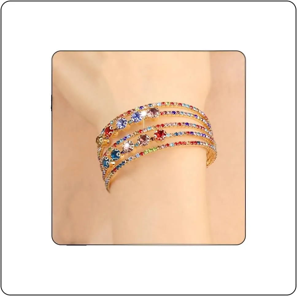 Multi Row Rhinestone Bangle Bracelet for Women Multicolor Rhinestone Crystal Open Cuff Bangle Adjustable Sparkly Silver Strand Bridal Wedding Bracelet Jewelry for Prom Party