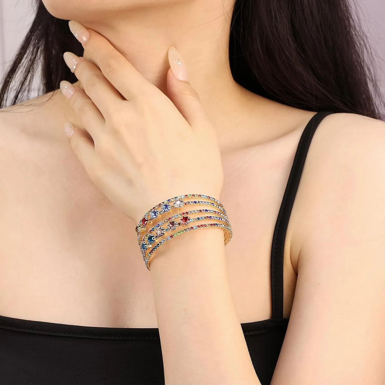 Multi Row Rhinestone Bangle Bracelet for Women Multicolor Rhinestone Crystal Open Cuff Bangle Adjustable Sparkly Silver Strand Bridal Wedding Bracelet Jewelry for Prom Party