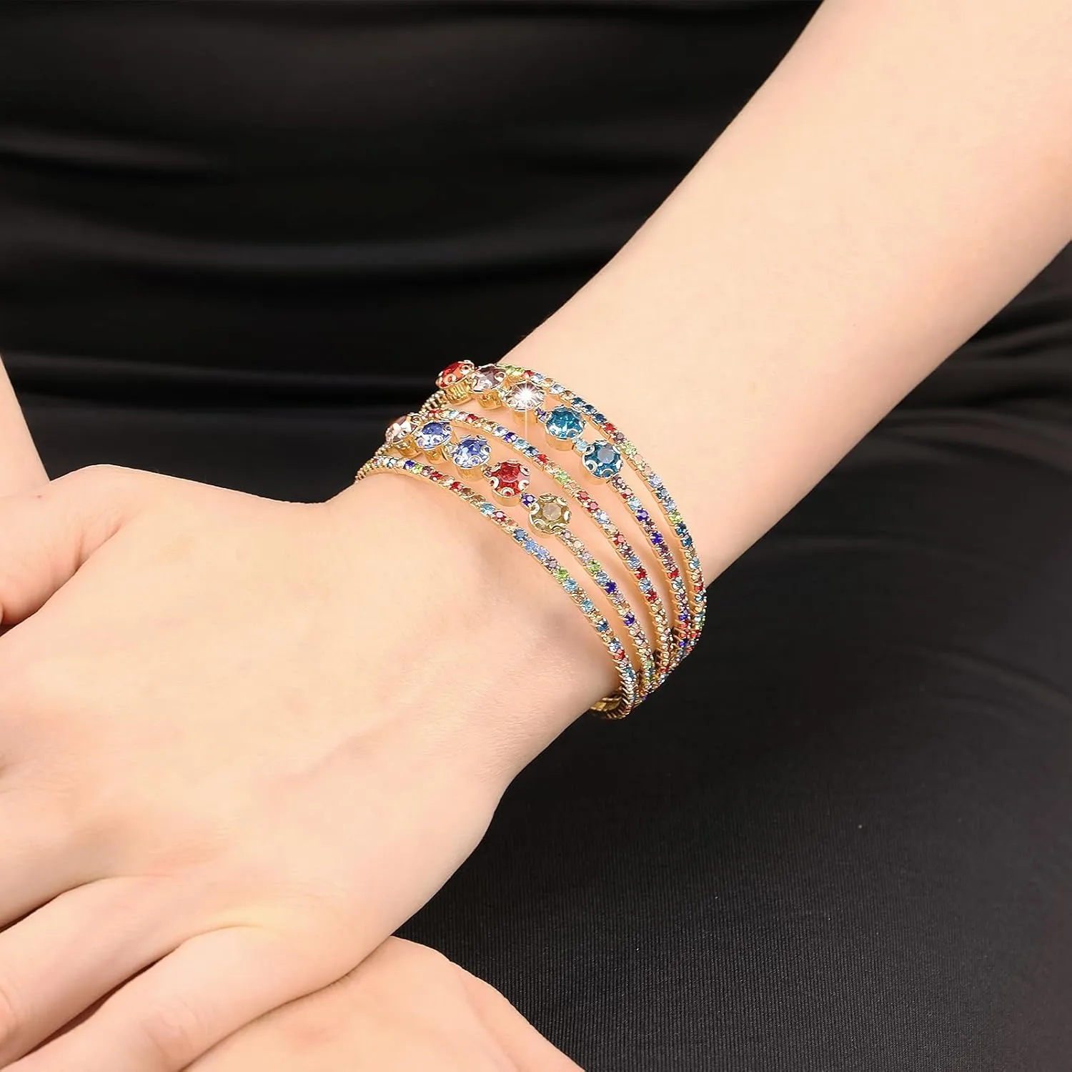 Multi Row Rhinestone Bangle Bracelet for Women Multicolor Rhinestone Crystal Open Cuff Bangle Adjustable Sparkly Silver Strand Bridal Wedding Bracelet Jewelry for Prom Party