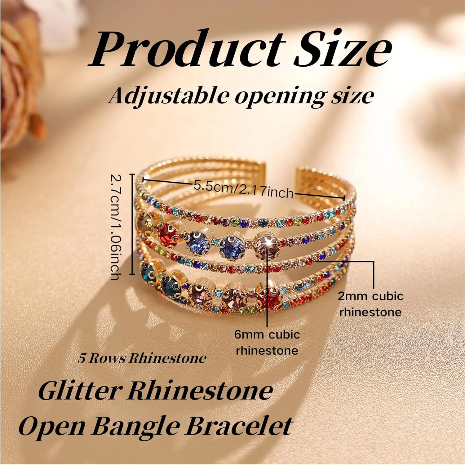 Multi Row Rhinestone Bangle Bracelet for Women Multicolor Rhinestone Crystal Open Cuff Bangle Adjustable Sparkly Silver Strand Bridal Wedding Bracelet Jewelry for Prom Party