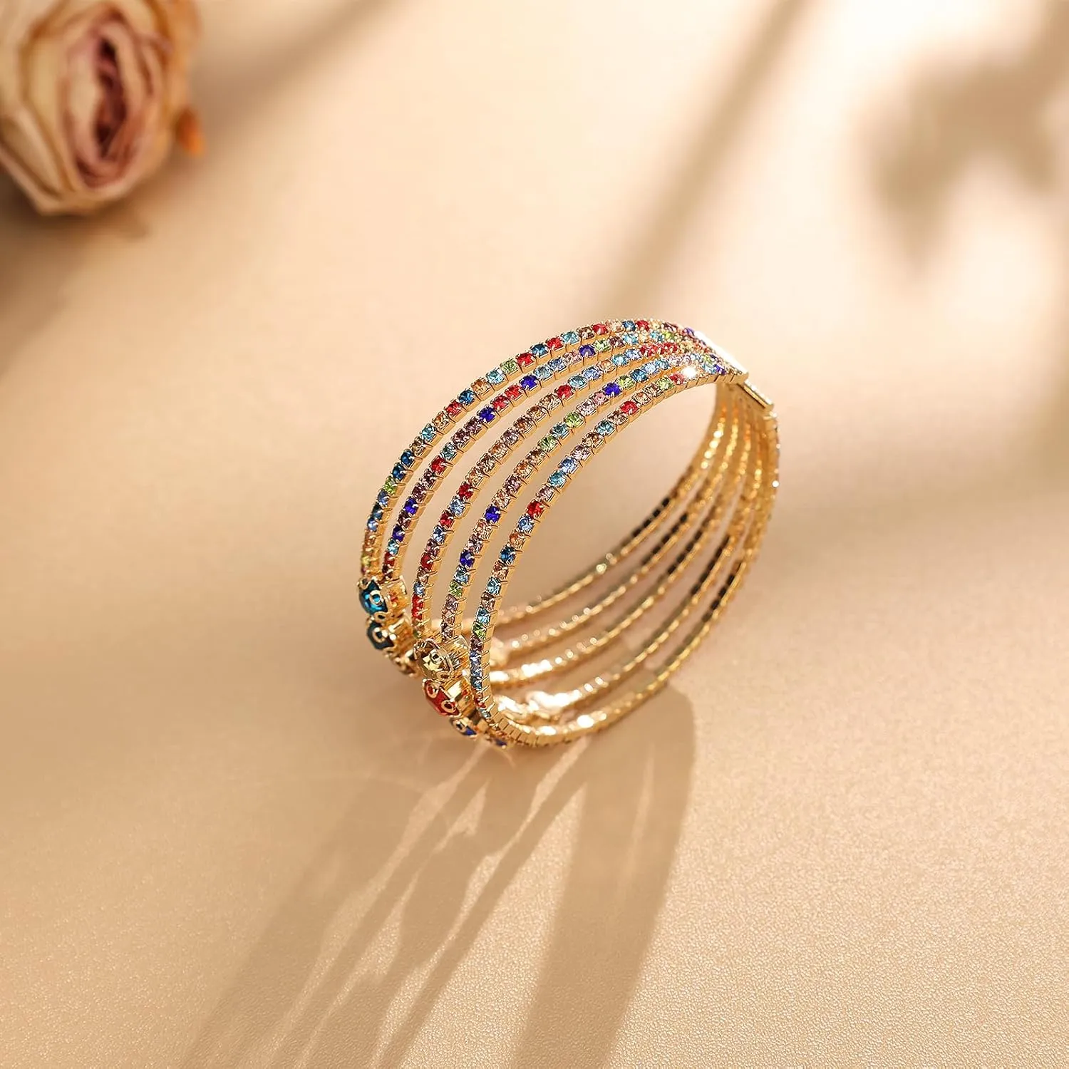 Multi Row Rhinestone Bangle Bracelet for Women Multicolor Rhinestone Crystal Open Cuff Bangle Adjustable Sparkly Silver Strand Bridal Wedding Bracelet Jewelry for Prom Party
