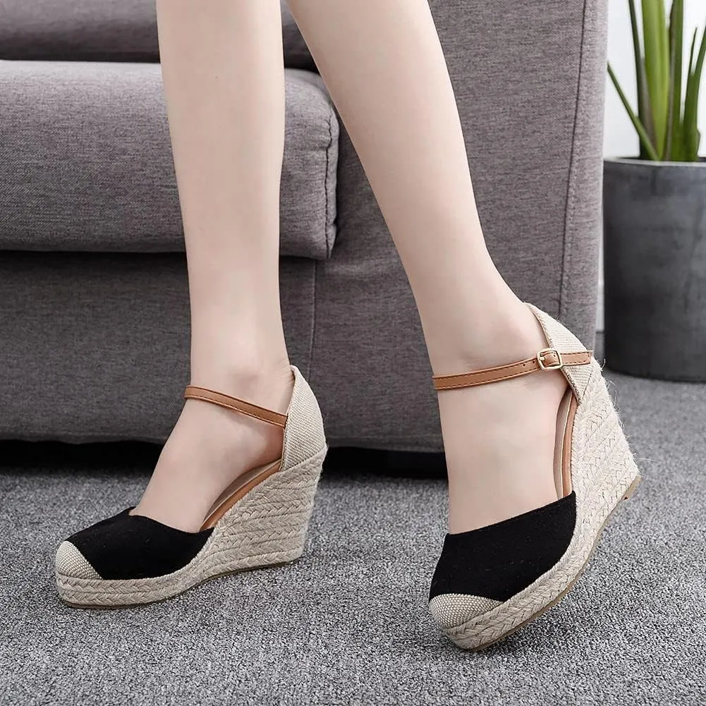 MYFSPORTS Ladies High Heels Wedding Shoes 9Cm Baotou Wedge Sandals Hemp Rope Straw Mat Woven High Shoes Ladies Shoes