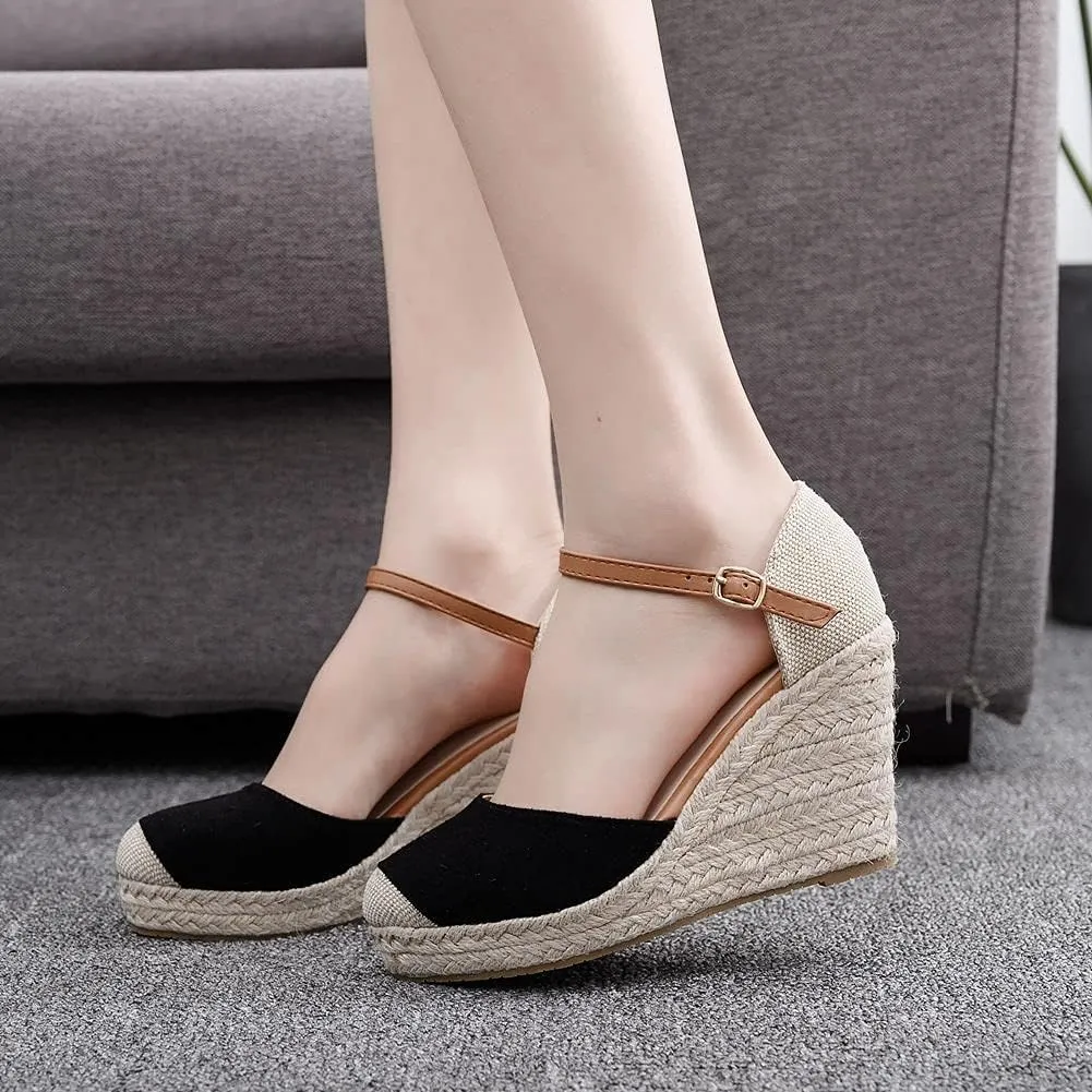 MYFSPORTS Ladies High Heels Wedding Shoes 9Cm Baotou Wedge Sandals Hemp Rope Straw Mat Woven High Shoes Ladies Shoes