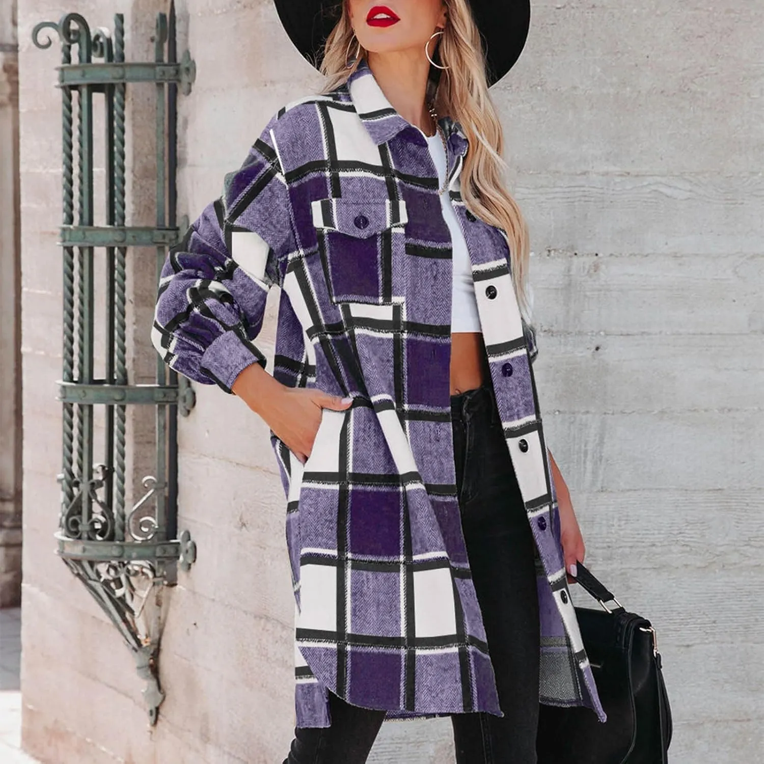 Mzkdieey Women Long Flannel Plaid Jacket Shacket Lounge Lapel Boyfriend Button Down Tartan Over Shirt Trench Coat with Pocket