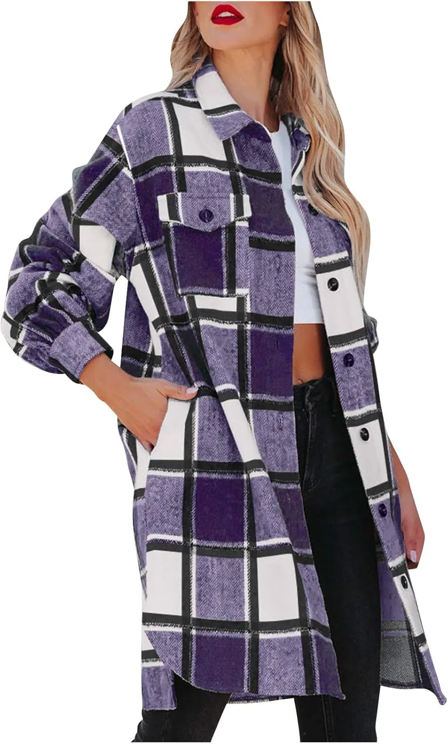 Mzkdieey Women Long Flannel Plaid Jacket Shacket Lounge Lapel Boyfriend Button Down Tartan Over Shirt Trench Coat with Pocket