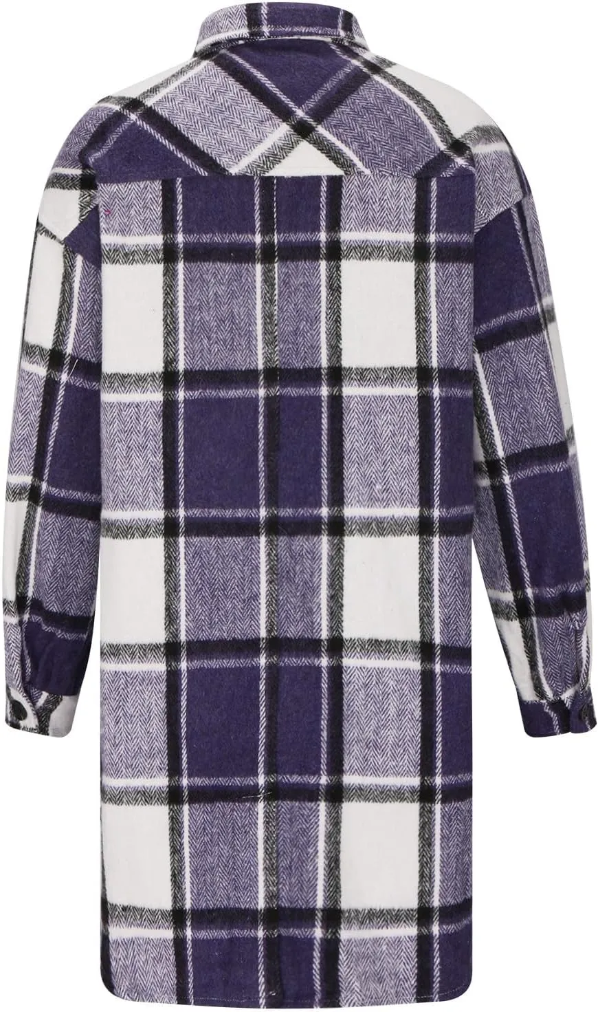 Mzkdieey Women Long Flannel Plaid Jacket Shacket Lounge Lapel Boyfriend Button Down Tartan Over Shirt Trench Coat with Pocket