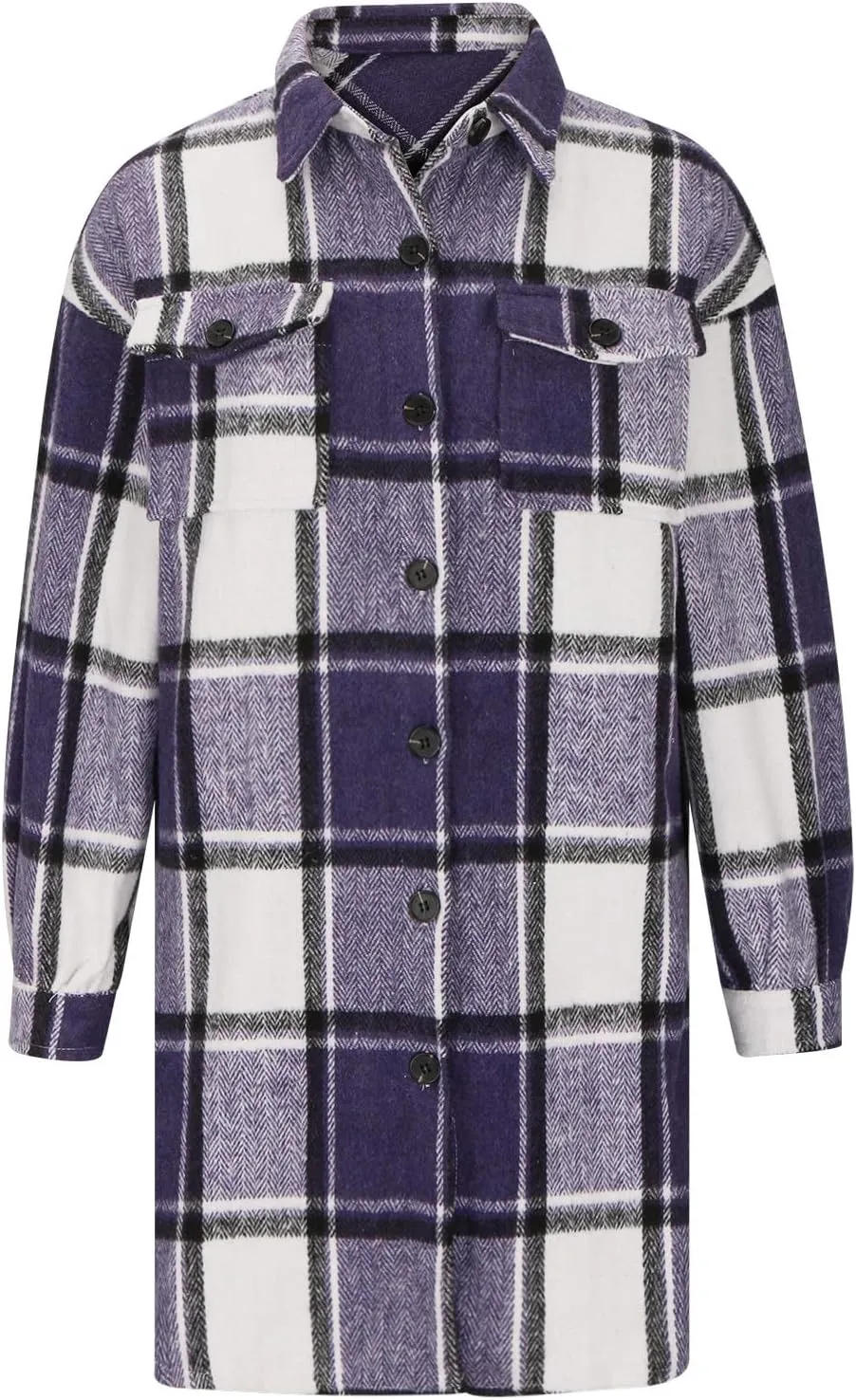 Mzkdieey Women Long Flannel Plaid Jacket Shacket Lounge Lapel Boyfriend Button Down Tartan Over Shirt Trench Coat with Pocket
