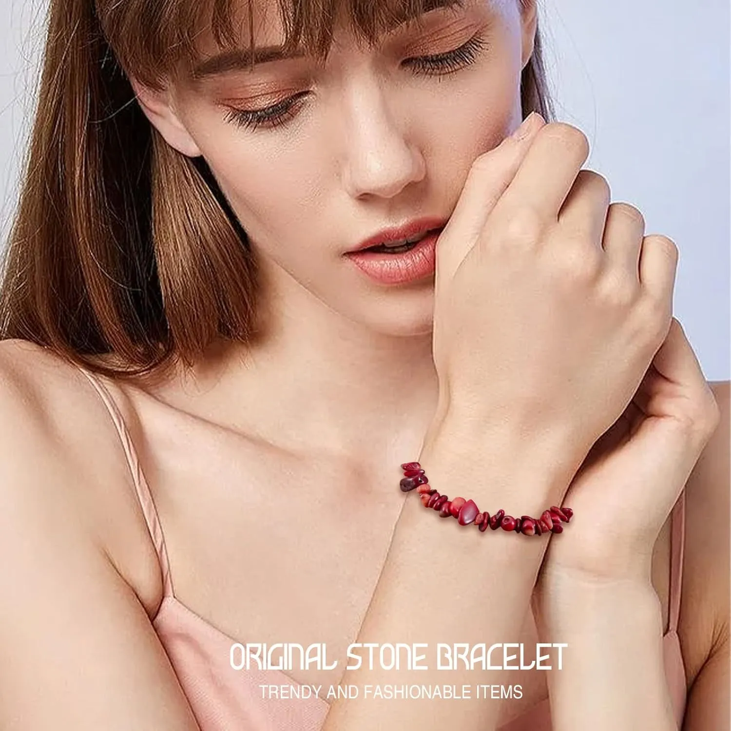 Natural Gemstone Bracelets, Natural Crystal Chip Bead Bracelet, Natural Gemstone Chakra Crystal Healing Stretch Bracelets, Jewelry Accessories (Red Coral)