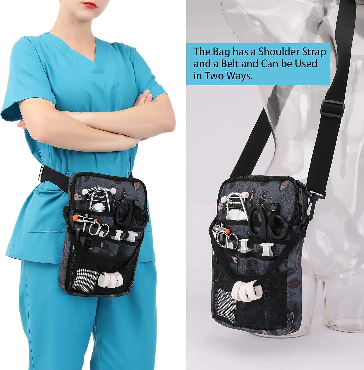 Nurse Fanny Pack with Tape Holder, Nurse Pocket Organizer for Medical Professionals12 Pockets Nurse Waist BagTHHS-KB-Ash Leaves