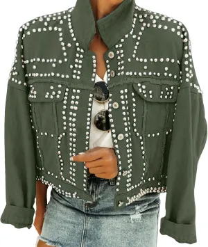 Omoone Women's Long Sleeve Rivet Studded Denim Jacket Casual Pearl Short Jean Coat Concert Nashville Outfits