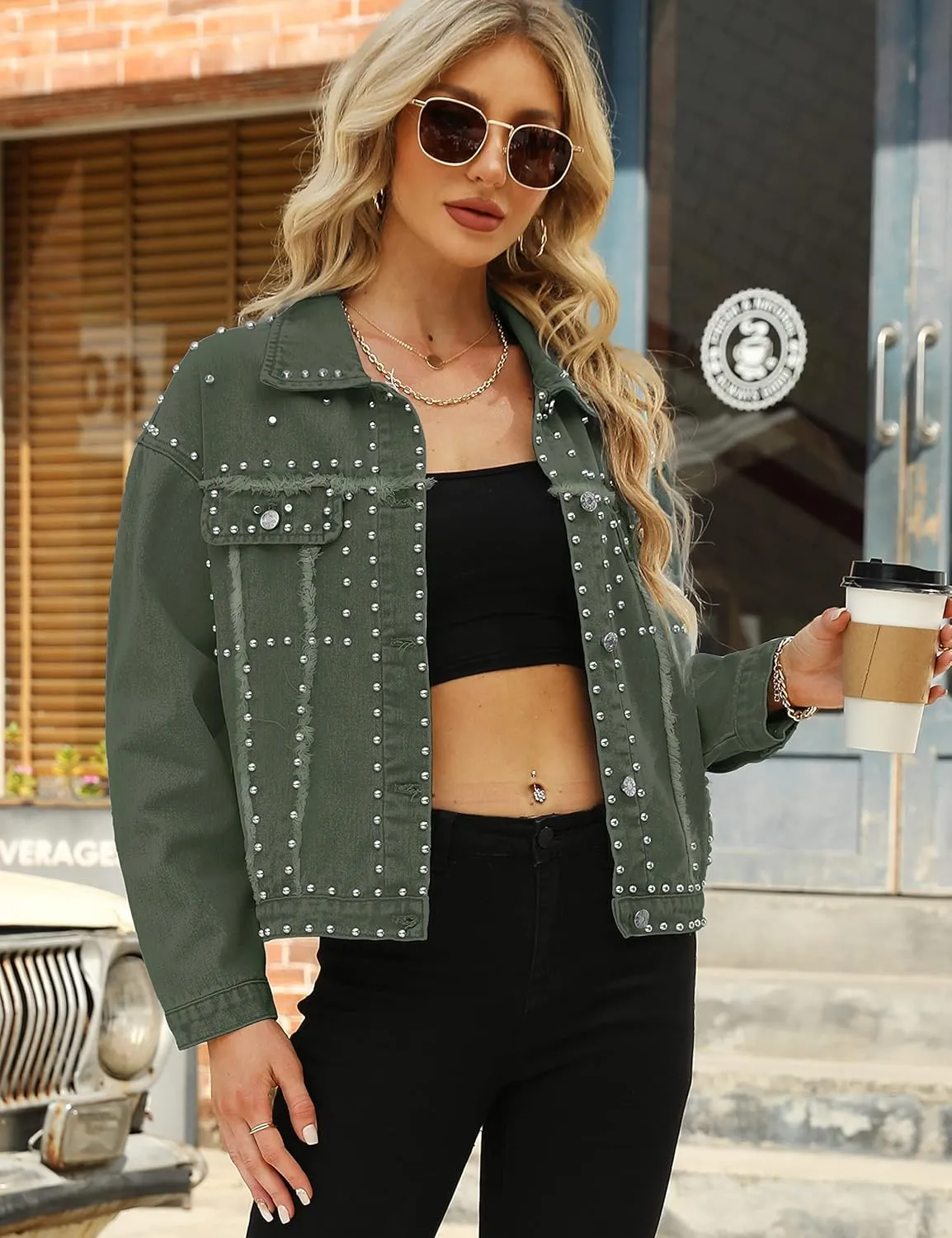 Omoone Women's Long Sleeve Rivet Studded Denim Jacket Casual Pearl Short Jean Coat Concert Nashville Outfits