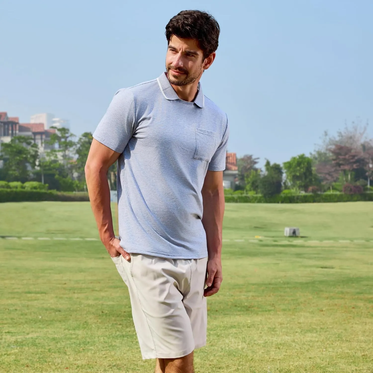 Opomelo Men's Casual Polo Shirts Fashion Slim Fit Polo Shirt Short Sleeve Flat Collar Golf Shirt with Pocket