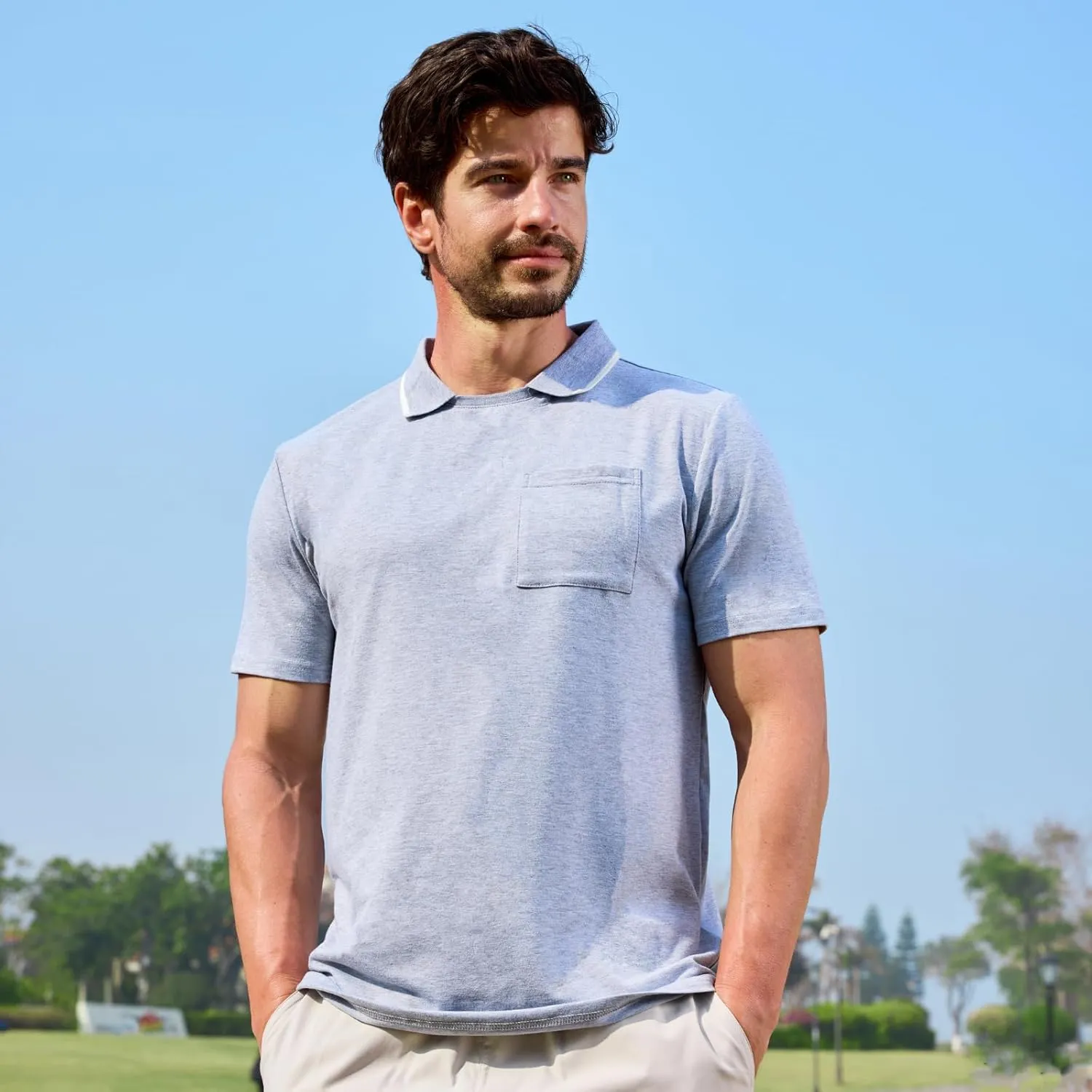 Opomelo Men's Casual Polo Shirts Fashion Slim Fit Polo Shirt Short Sleeve Flat Collar Golf Shirt with Pocket