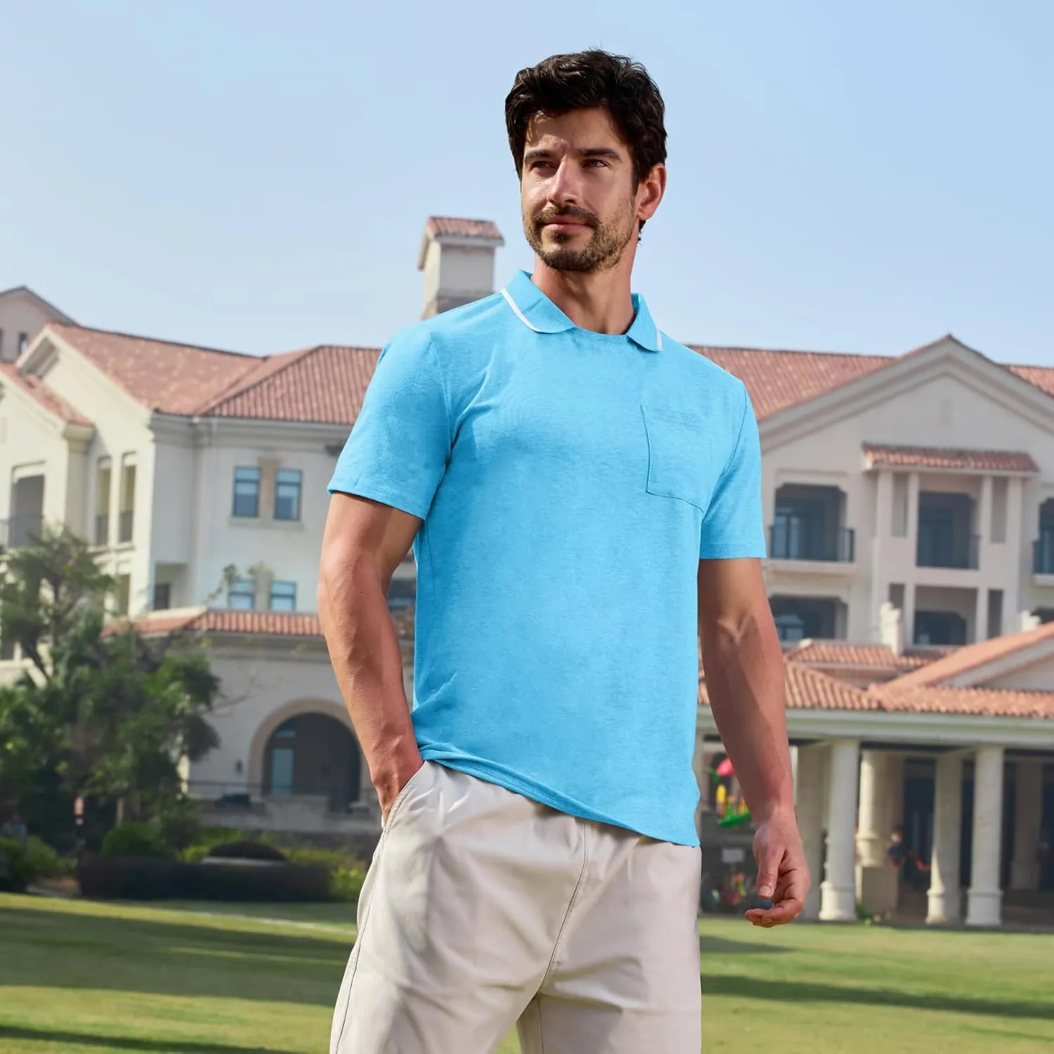 Opomelo Men's Casual Polo Shirts Fashion Slim Fit Polo Shirt Short Sleeve Flat Collar Golf Shirt with Pocket