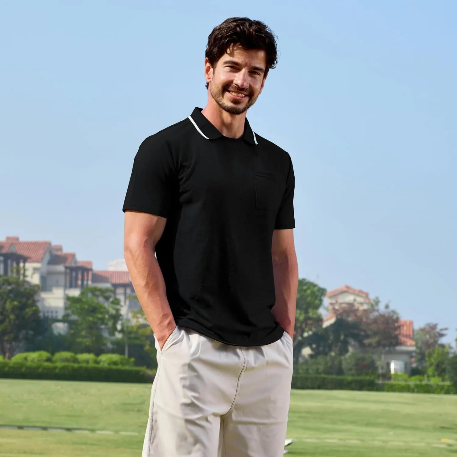 Opomelo Men's Casual Polo Shirts Fashion Slim Fit Polo Shirt Short Sleeve Flat Collar Golf Shirt with Pocket