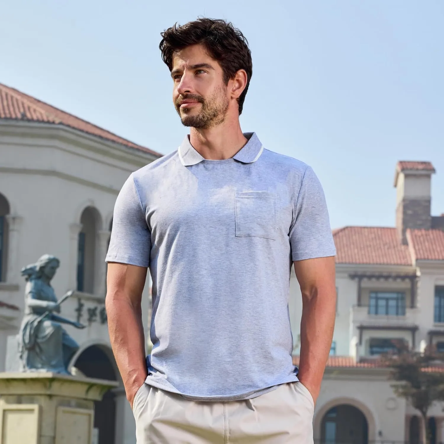 Opomelo Men's Casual Polo Shirts Fashion Slim Fit Polo Shirt Short Sleeve Flat Collar Golf Shirt with Pocket