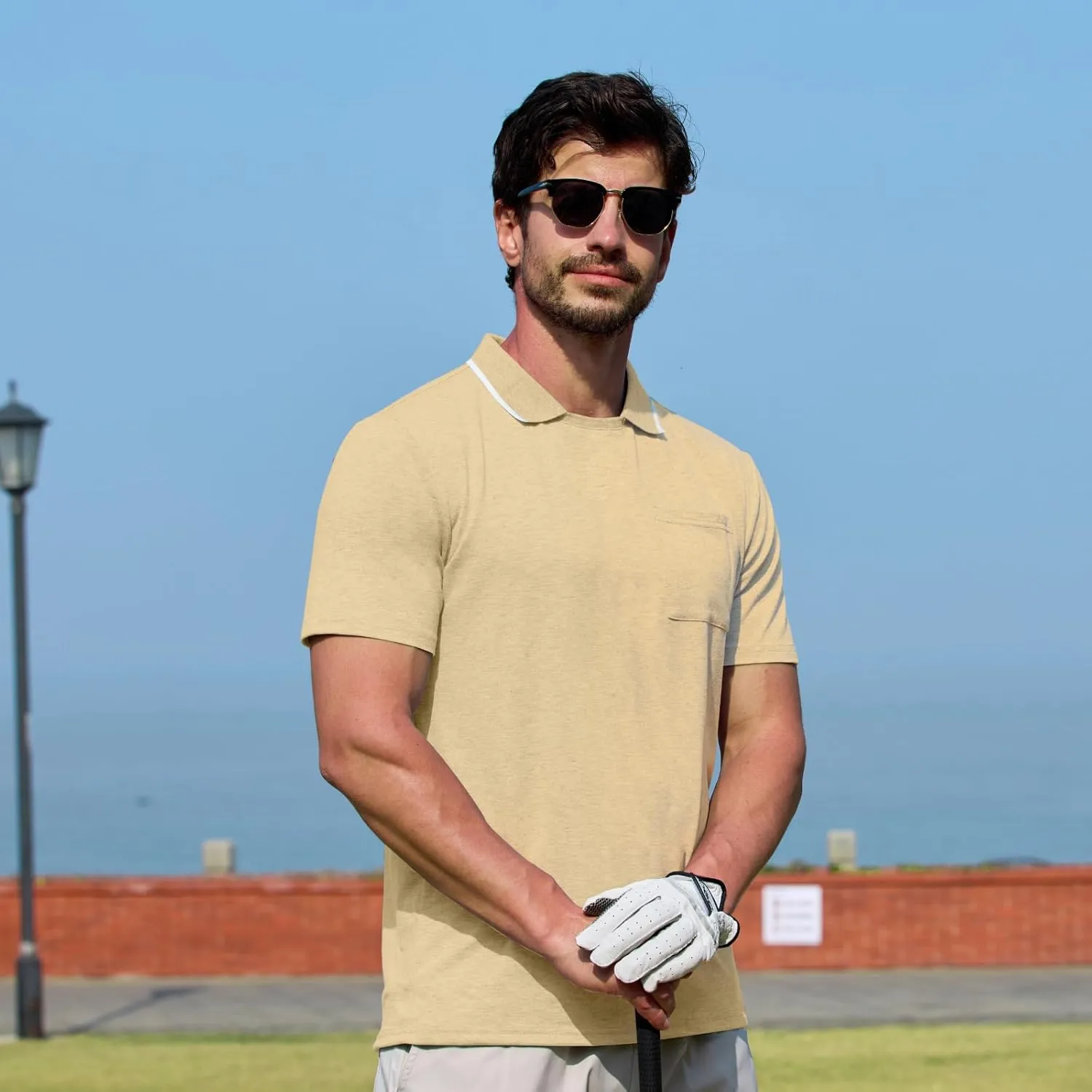 Opomelo Men's Casual Polo Shirts Fashion Slim Fit Polo Shirt Short Sleeve Flat Collar Golf Shirt with Pocket