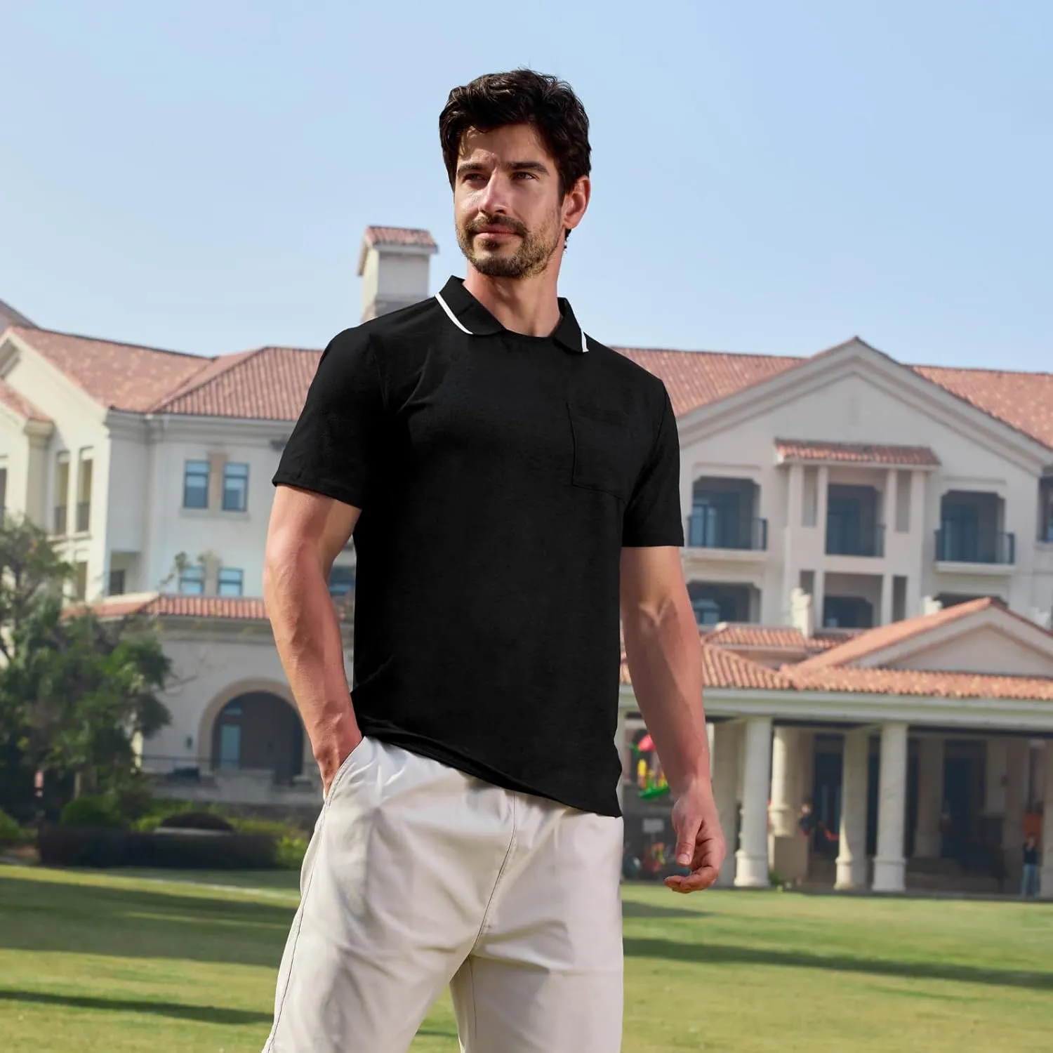 Opomelo Men's Casual Polo Shirts Fashion Slim Fit Polo Shirt Short Sleeve Flat Collar Golf Shirt with Pocket