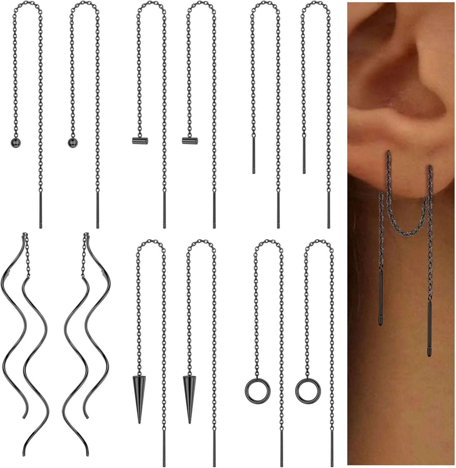 ORAZIO 6 Pairs Stainless Steel Chain Tassel Earrings for Women Lightweight Wave Threader Ball Dangle Drop Minimalist Chain Earrings Set