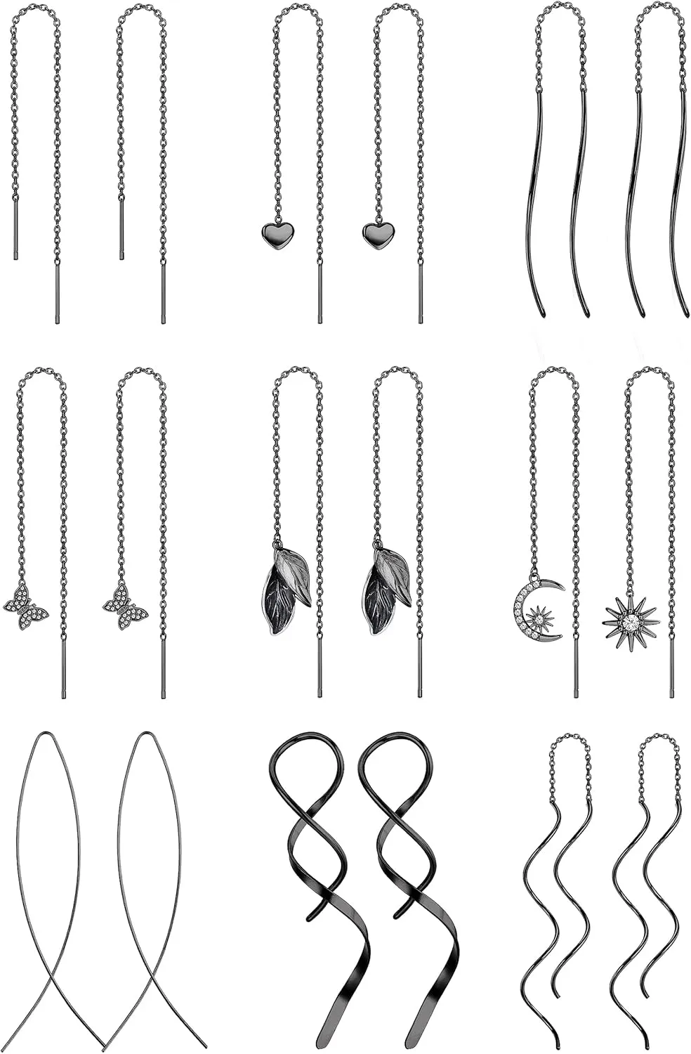 ORAZIO 9 Pairs Threader Earrings for Women Stainless Steel Chain Tassel Earrings Lightweight Double Twist Wave Heart Moon Leaf Threader Dangle Drop Earrings Minimalist Long Chain Earrings Set