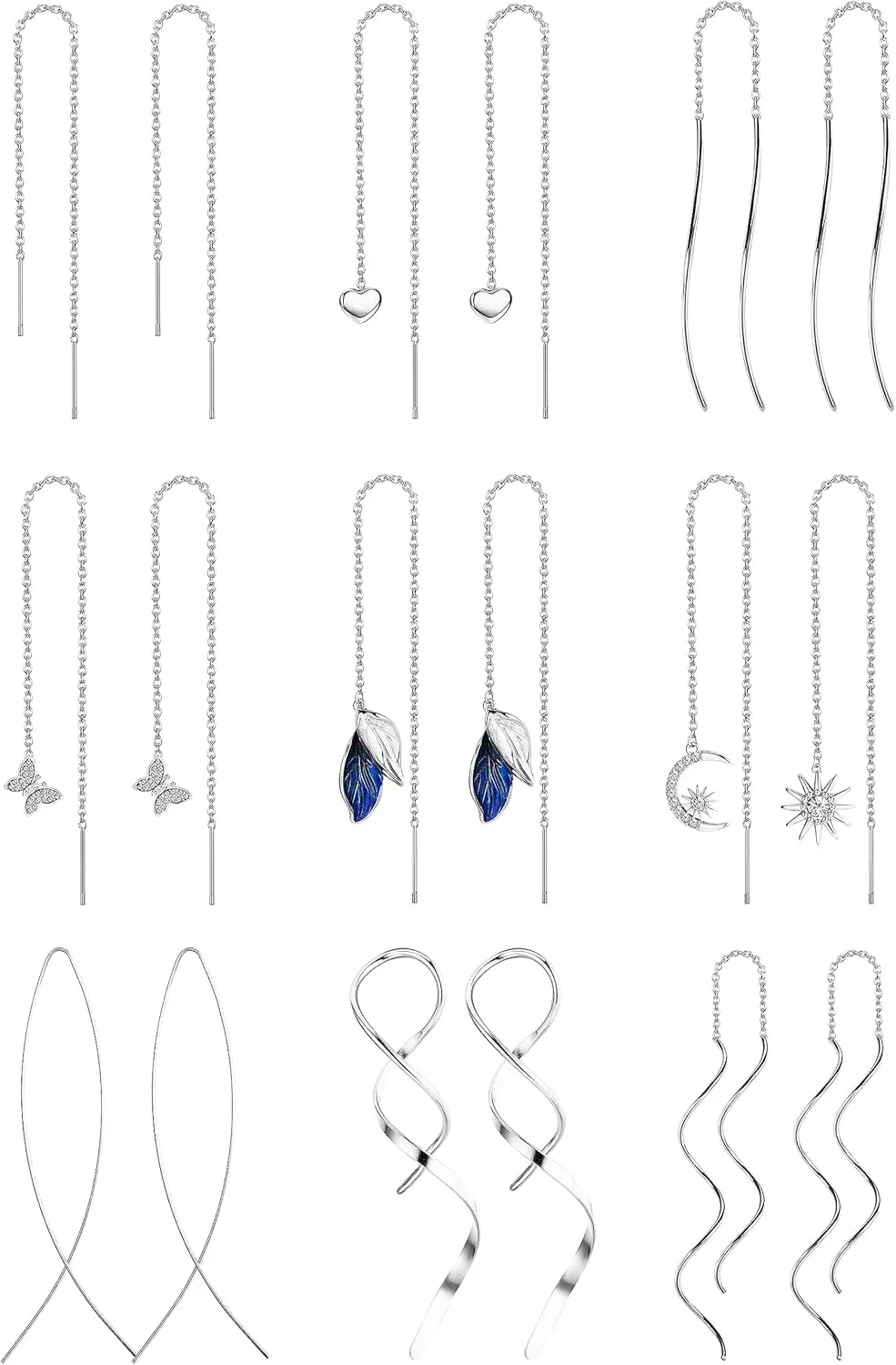 ORAZIO 9 Pairs Threader Earrings for Women Stainless Steel Chain Tassel Earrings Lightweight Double Twist Wave Heart Moon Leaf Threader Dangle Drop Earrings Minimalist Long Chain Earrings Set
