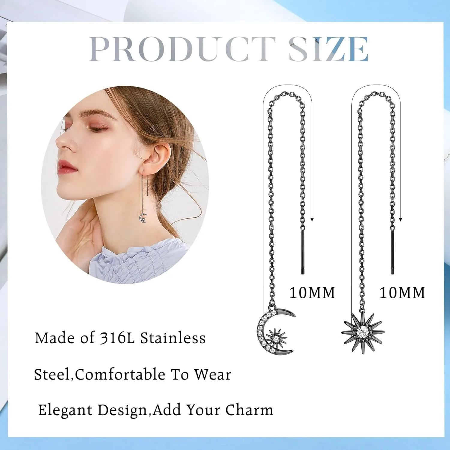 ORAZIO 9 Pairs Threader Earrings for Women Stainless Steel Chain Tassel Earrings Lightweight Double Twist Wave Heart Moon Leaf Threader Dangle Drop Earrings Minimalist Long Chain Earrings Set