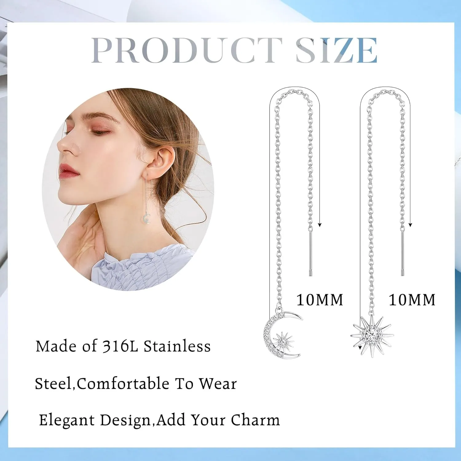 ORAZIO 9 Pairs Threader Earrings for Women Stainless Steel Chain Tassel Earrings Lightweight Double Twist Wave Heart Moon Leaf Threader Dangle Drop Earrings Minimalist Long Chain Earrings Set