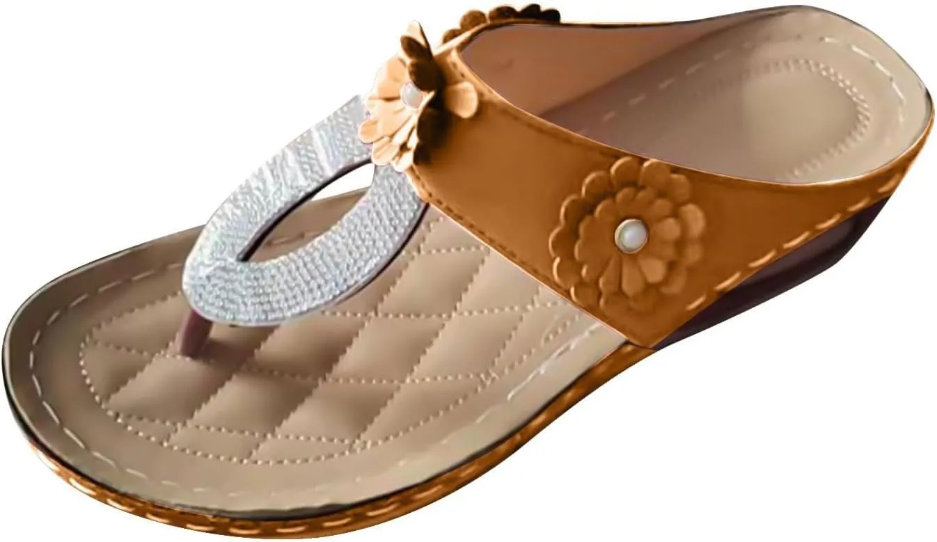 Orthopedic Flip Flops Women Flower Arch Support Wedge Sandals for Women, Dressy Sequined Clip Toe Platform Flip Flops Casual Comfortable Walking Slippers