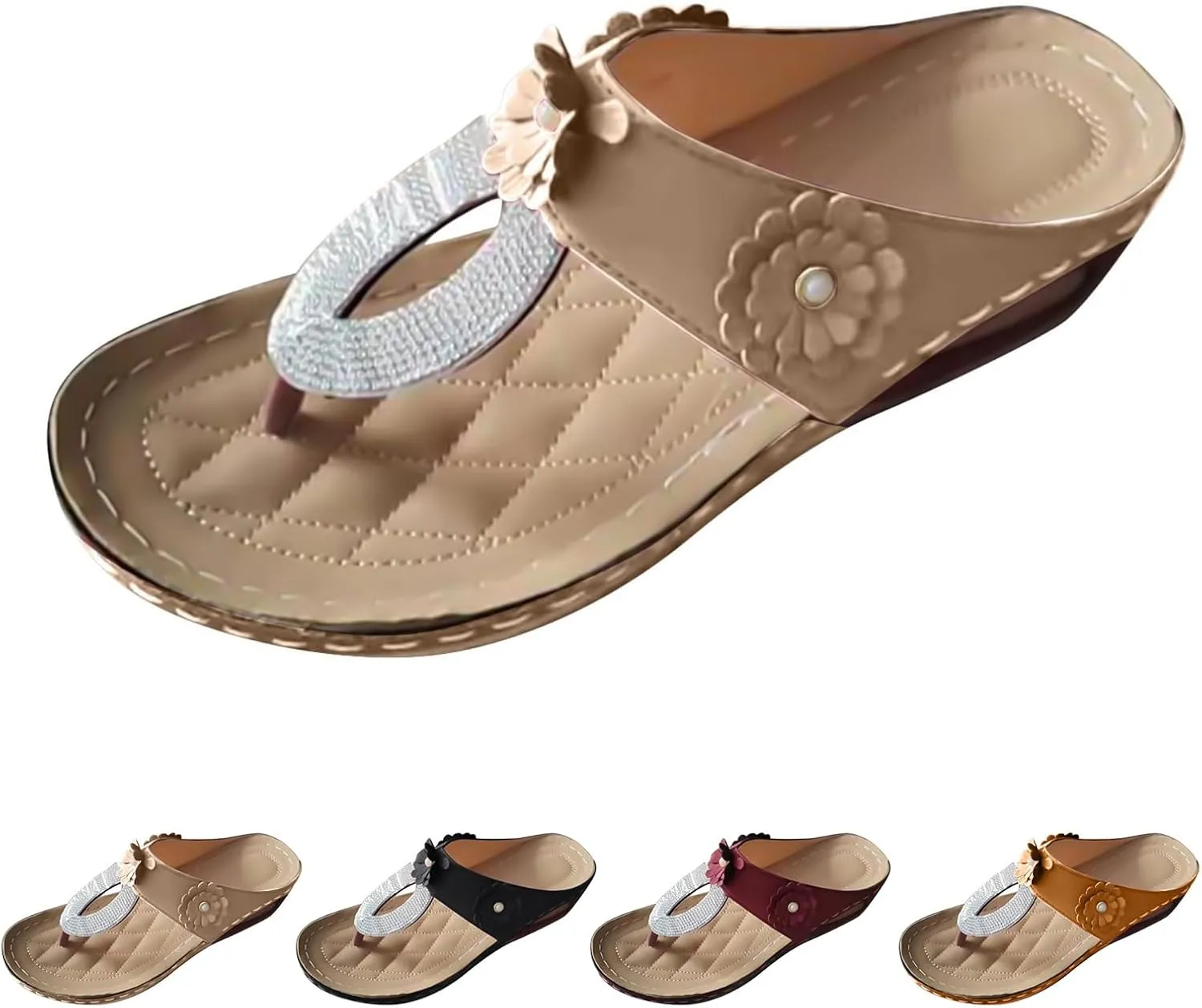 Orthopedic Flip Flops Women Flower Arch Support Wedge Sandals for Women, Dressy Sequined Clip Toe Platform Flip Flops Casual Comfortable Walking Slippers