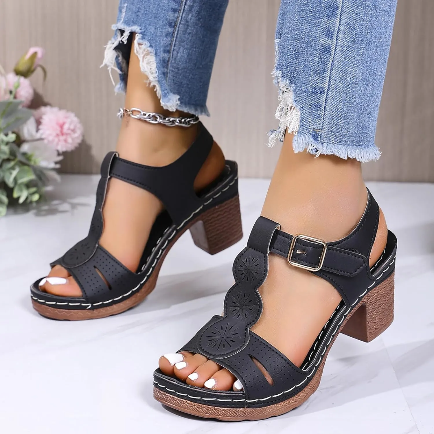 Orthopedic Sandals for Women Dressy Summer Casual Ankle Strap Hollow Out Sandals Platform Beach Casual Slip on Sandal Comfortable Flower Shoe Adjustable Hook Loop Shoes