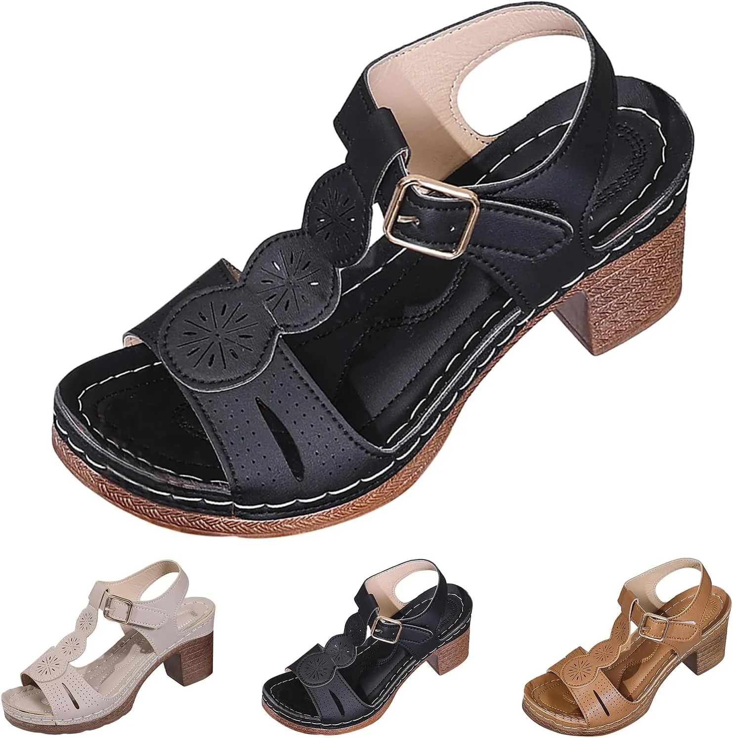Orthopedic Sandals for Women Dressy Summer Casual Ankle Strap Hollow Out Sandals Platform Beach Casual Slip on Sandal Comfortable Flower Shoe Adjustable Hook Loop Shoes