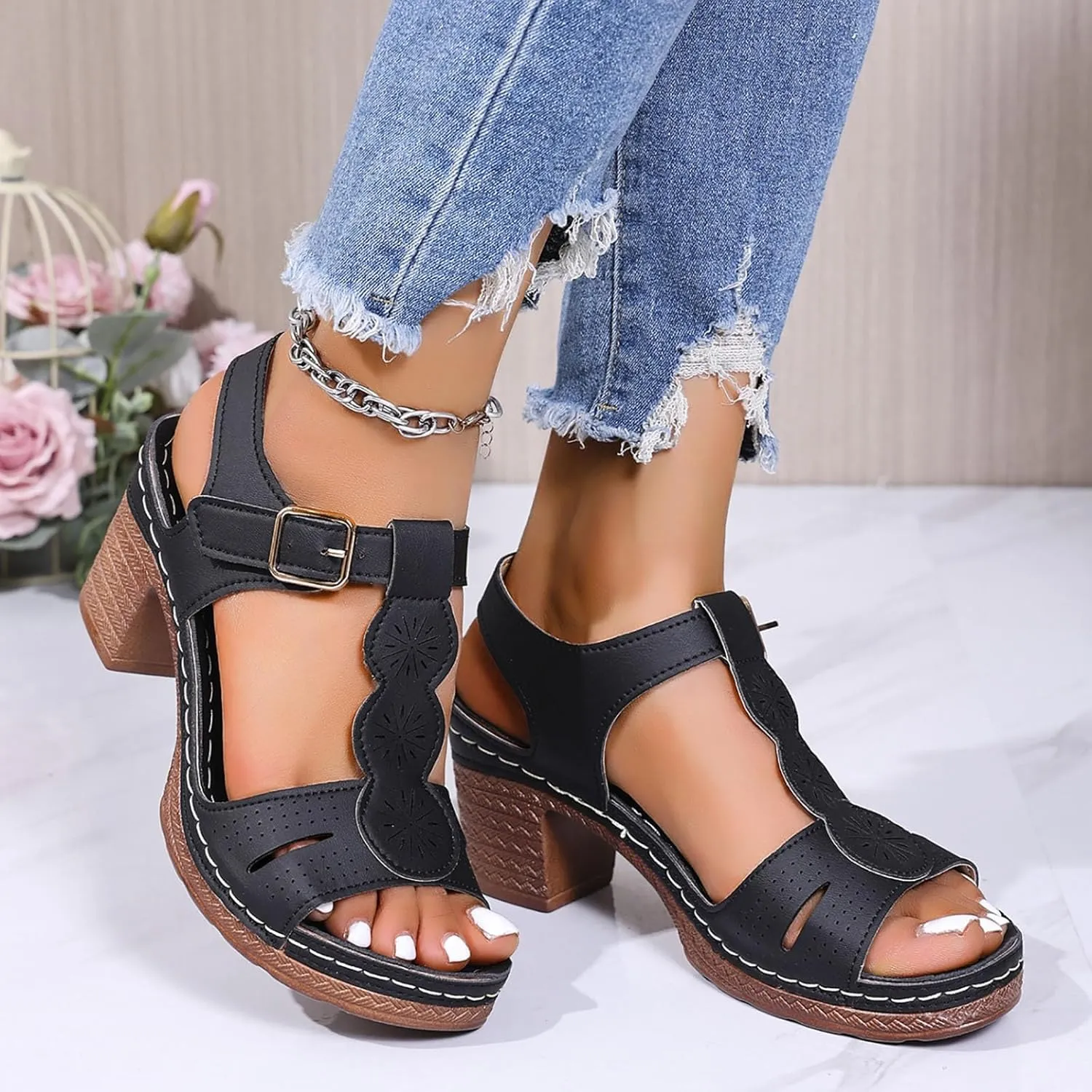Orthopedic Sandals for Women Dressy Summer Casual Ankle Strap Hollow Out Sandals Platform Beach Casual Slip on Sandal Comfortable Flower Shoe Adjustable Hook Loop Shoes