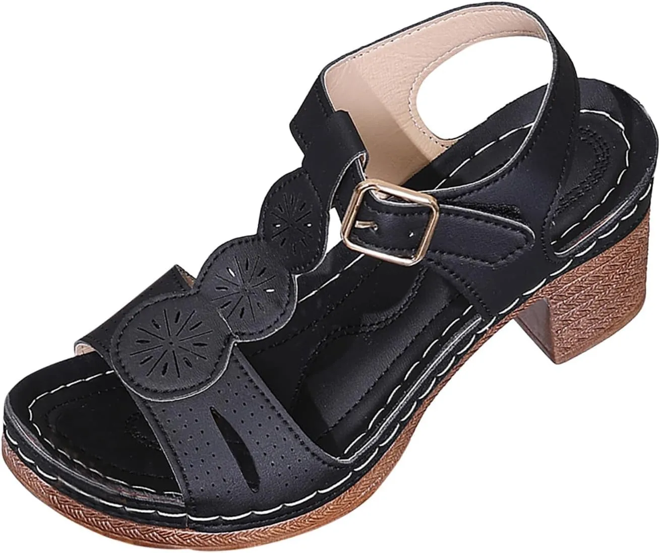 Orthopedic Sandals for Women Dressy Summer Casual Ankle Strap Hollow Out Sandals Platform Beach Casual Slip on Sandal Comfortable Flower Shoe Adjustable Hook Loop Shoes