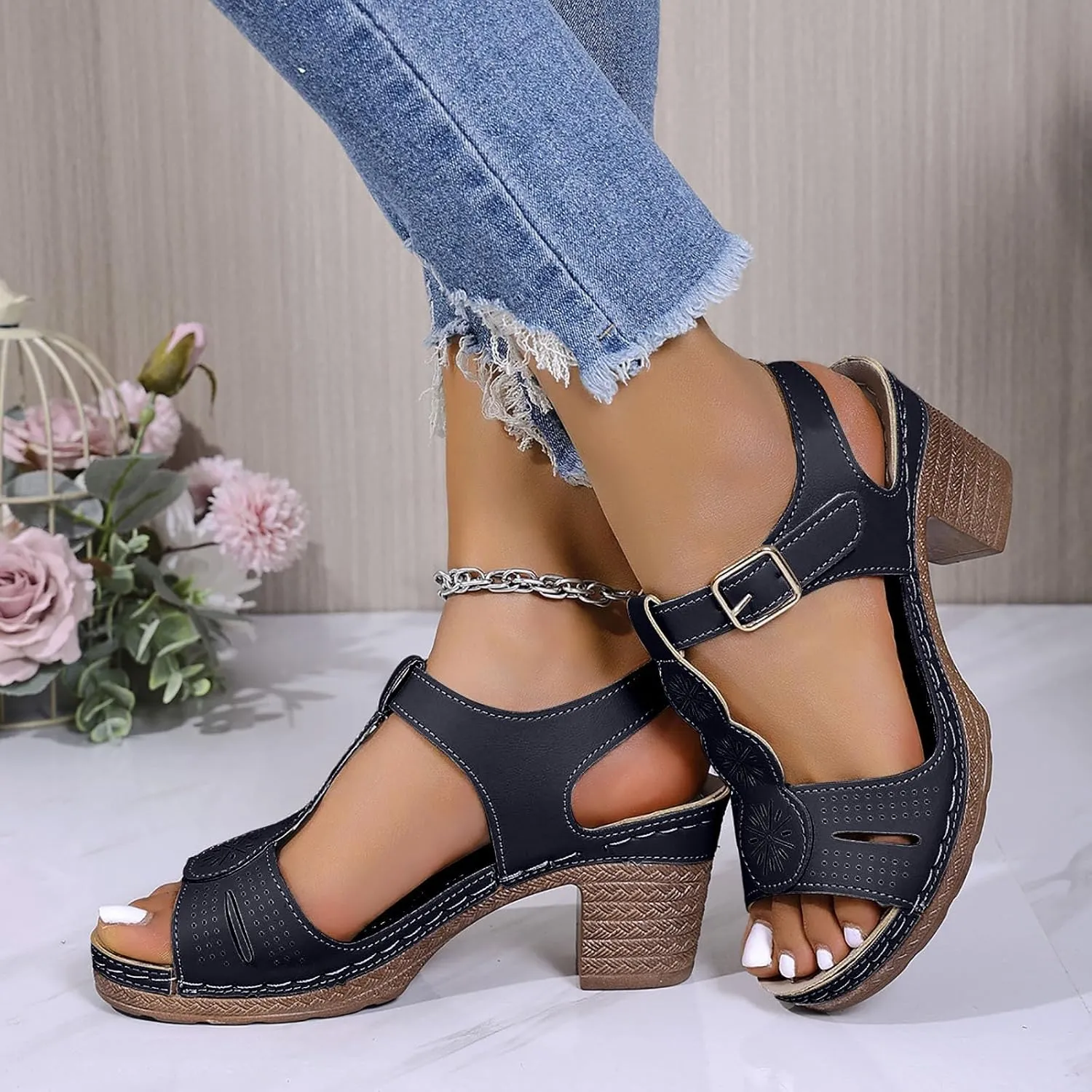 Orthopedic Sandals for Women Dressy Summer Casual Ankle Strap Hollow Out Sandals Platform Beach Casual Slip on Sandal Comfortable Flower Shoe Adjustable Hook Loop Shoes