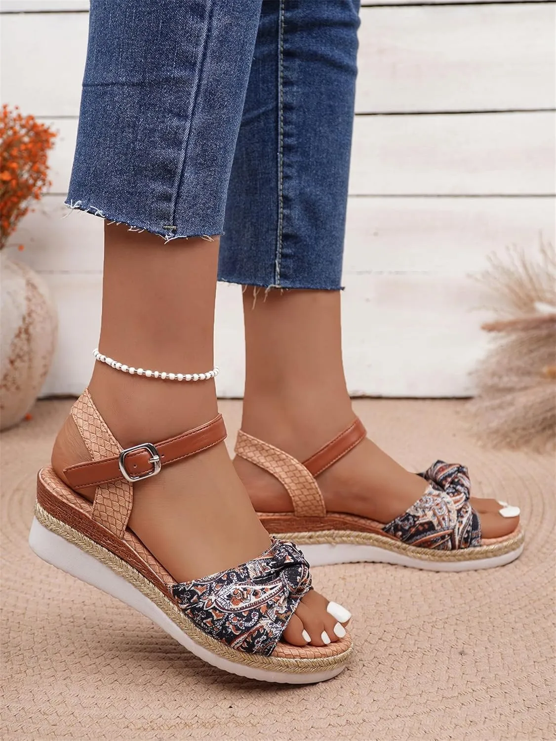 Orthopedic Sandals for Women,Walking Slippers with Arch Support Wedge Summer Dressy Beach Casual Slip on Dress Comfortable 2025 Open Toe Ankle Strap Platform Bowknot Hemp Rope Heels