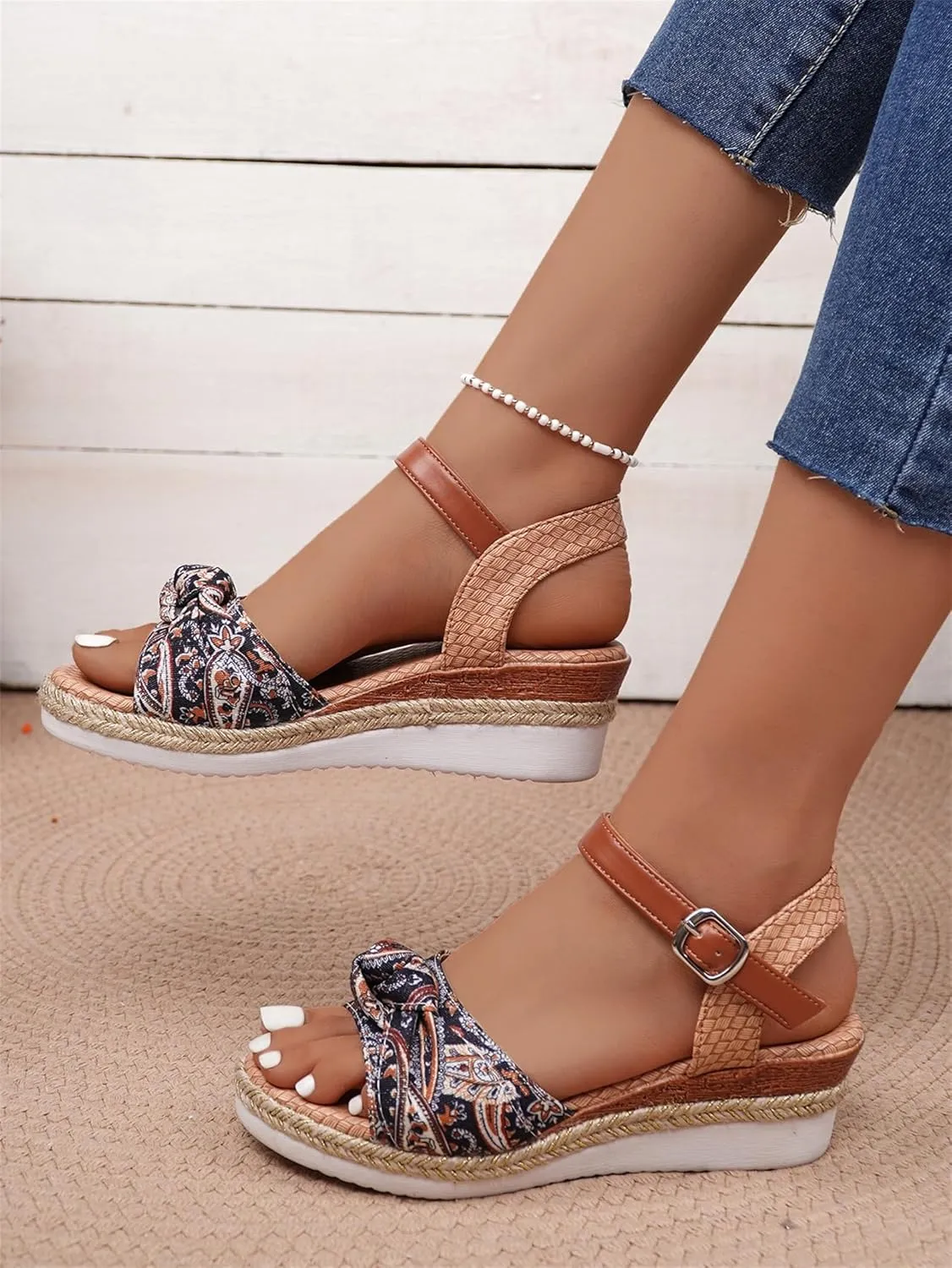 Orthopedic Sandals for Women,Walking Slippers with Arch Support Wedge Summer Dressy Beach Casual Slip on Dress Comfortable 2025 Open Toe Ankle Strap Platform Bowknot Hemp Rope Heels