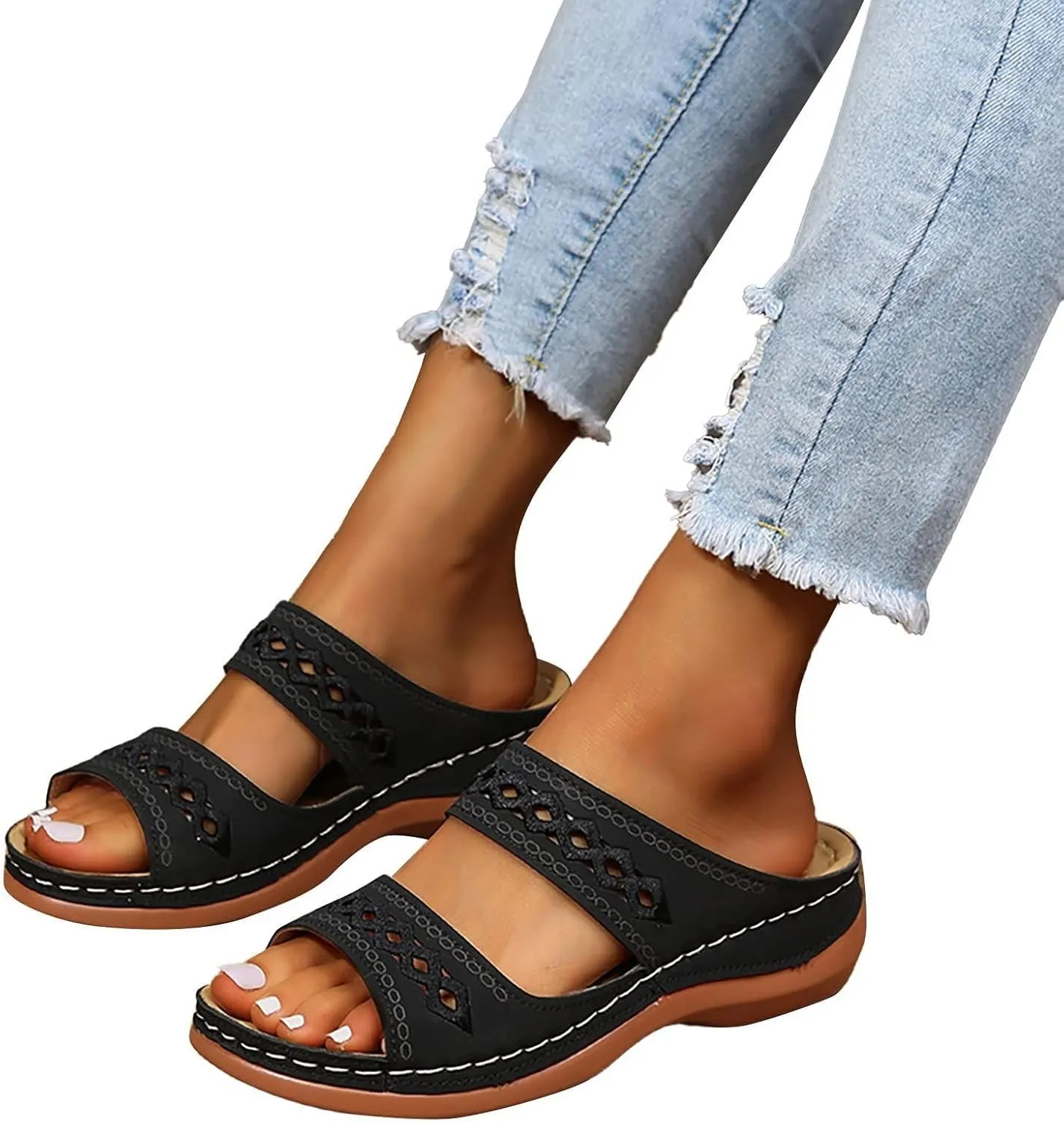 Orthopedic Wedge Sandals for Women Summer Comfortable Walking Sandals with Arch Support Dressy Casual Boho Slip on Sandal Soft Leather Beach Outdoor Shoes Slippers
