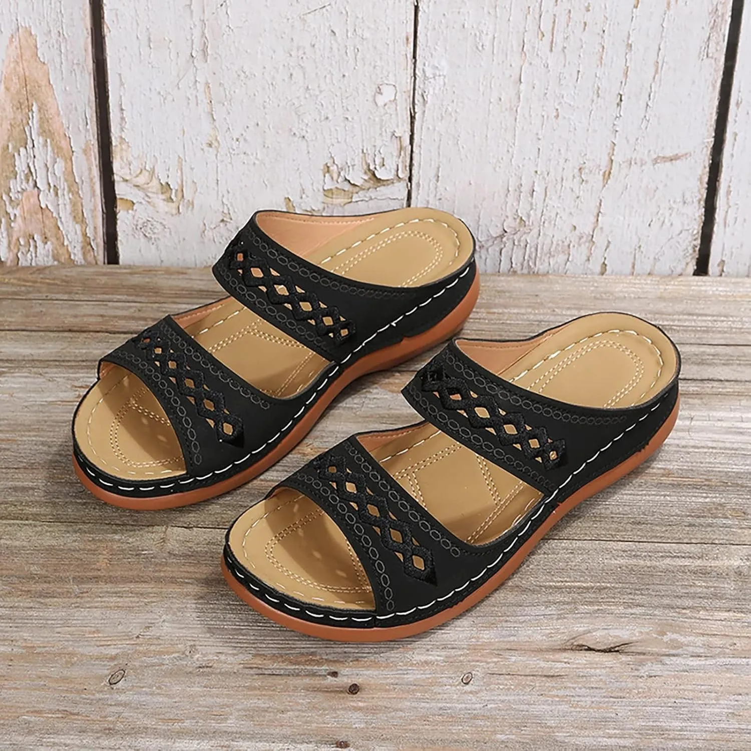 Orthopedic Wedge Sandals for Women Summer Comfortable Walking Sandals with Arch Support Dressy Casual Boho Slip on Sandal Soft Leather Beach Outdoor Shoes Slippers