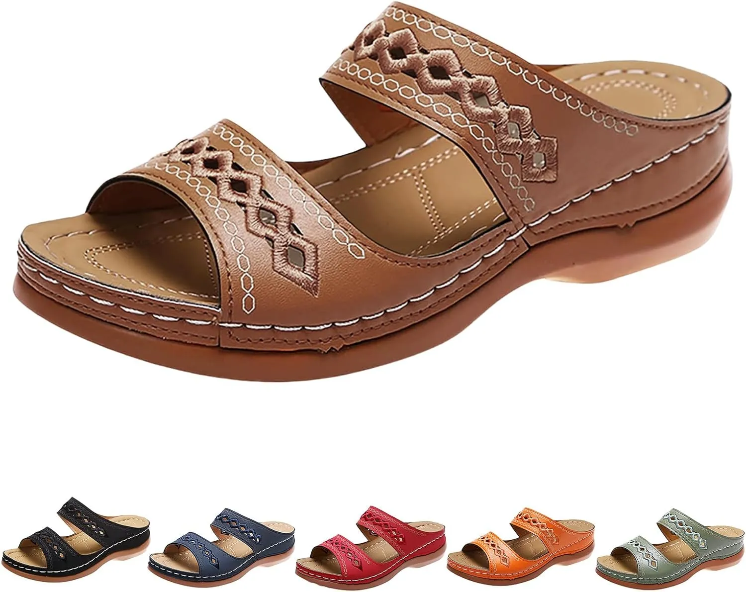 Orthopedic Wedge Sandals for Women Summer Comfortable Walking Sandals with Arch Support Dressy Casual Boho Slip on Sandal Soft Leather Beach Outdoor Shoes Slippers