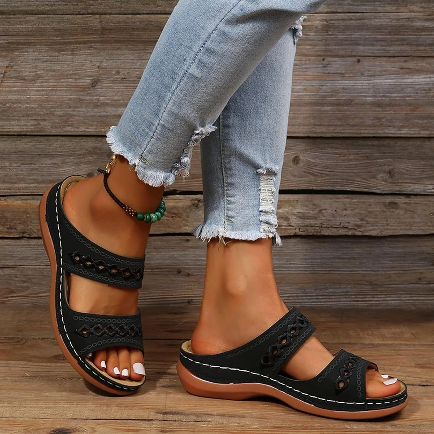 Orthopedic Wedge Sandals for Women Summer Comfortable Walking Sandals with Arch Support Dressy Casual Boho Slip on Sandal Soft Leather Beach Outdoor Shoes Slippers